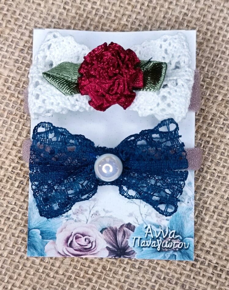 Σετ 2 Χειροποίητα Λαστιχάκια Μαλλιών - Λευκός φιόγκος & μπλε φιόγκος