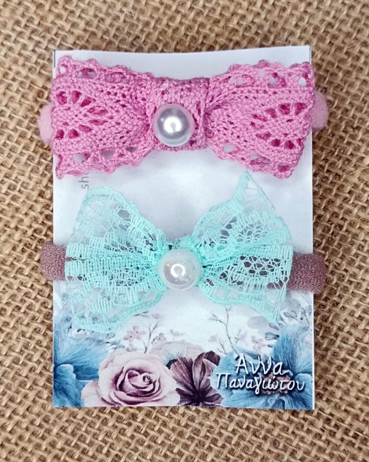 Σετ 2 Χειροποίητα Λαστιχάκια Μαλλιών - Ροζ φιόγκος & τυρκουάζ φιόγκος