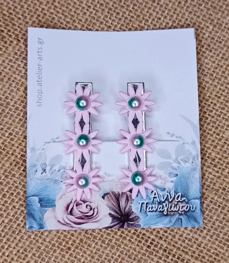 Σετ 2 Χειροποίητα Κλιπ Μαλλιών - Ροζ αστεράκια με πέρλες