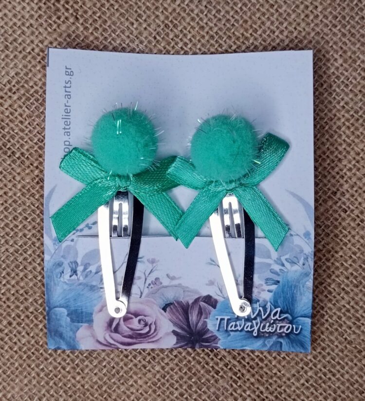 Σετ 2 Χειροποίητα Κλιπ Μαλλιών - Πράσινα φιογκάκια με πομπομ