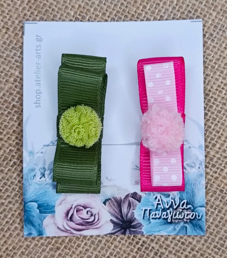 Σετ 2 Χειροποίητα Κλιπ Μαλλιών - Πράσινο & Φούξια με Πουά