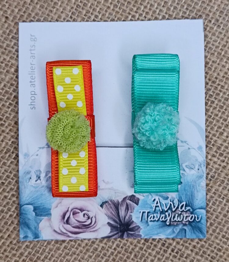 Σετ 2 Χειροποίητα Κλιπ Μαλλιών με Κορδέλα -  Τυρκουάζ & Πορτοκαλί Πουά