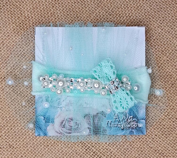 Χειροποίητη Ελαστική Κορδέλα Μαλλιών με Δαντελένιο Φιόγκο, Πέρλες και Στρας σε Χρώμα Μέντας