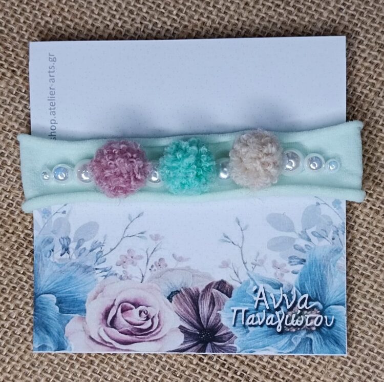 Χειροποίητη Ελαστική Κορδέλα Μαλλιών με Πολύχρωμα Πομ Πομ και Πέρλες