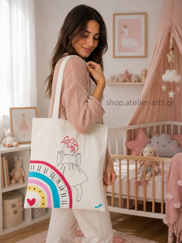 "Rainbow Baby", τσάντα με ζωγραφική & κέντημα στο χέρι